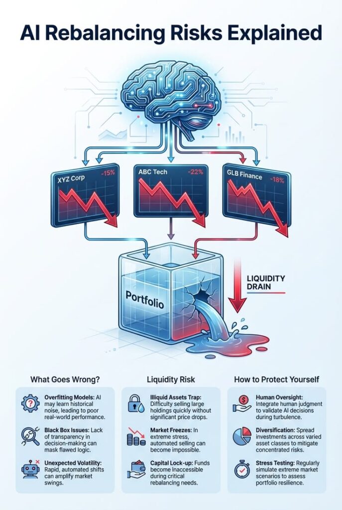“Investor carefully using AI tools with security, risk management, and data verification for safe investing”