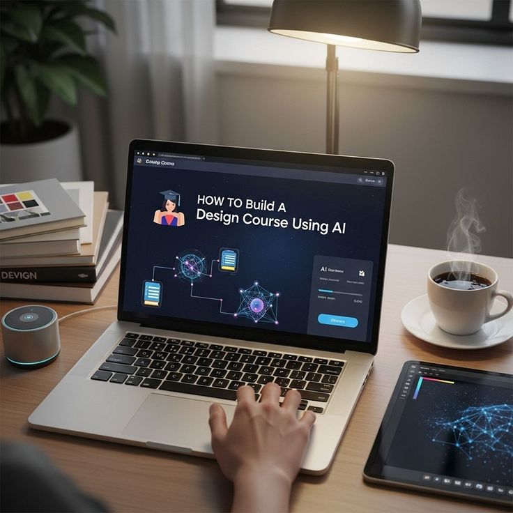 “Digital products like e-books, courses, and templates created using AI tools displayed on laptop screen”
