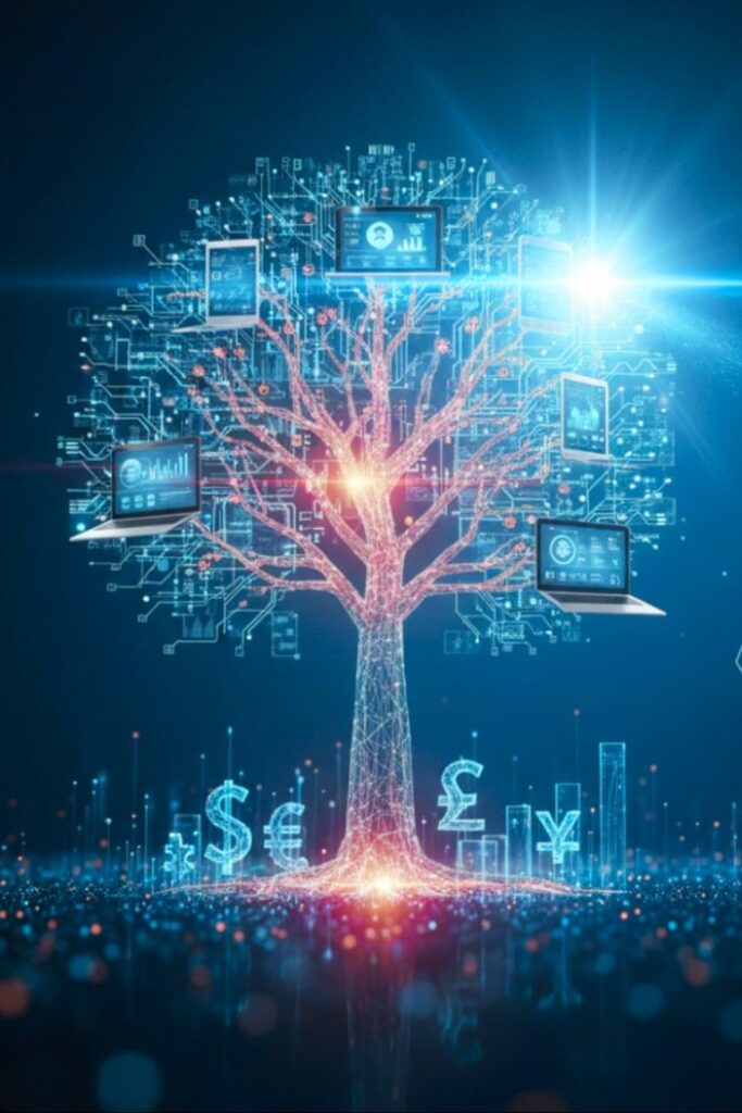 “Human and AI collaboration concept showing growth in wealth, income streams, and future financial success”